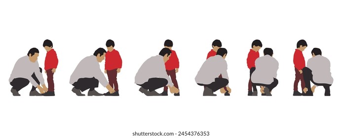 Vector concepto silueta conceptual de un padre ayudando a su hijo a atarse los cordones de los zapatos desde diferentes perspectivas aisladas en blanco. Una metáfora de la crianza, la paternidad, la infancia, la familia y el amor