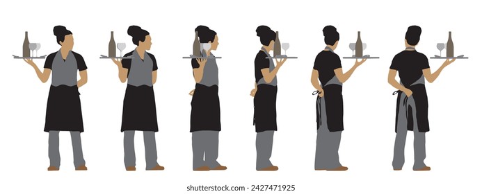 Vector Konzept konzeptuelle Silhouette eines weiblichen Kellners serviert Getränke aus verschiedenen Perspektiven isoliert auf weißem Hintergrund. Eine Metapher für Arbeit, Business, Entspannung und Lifestyle