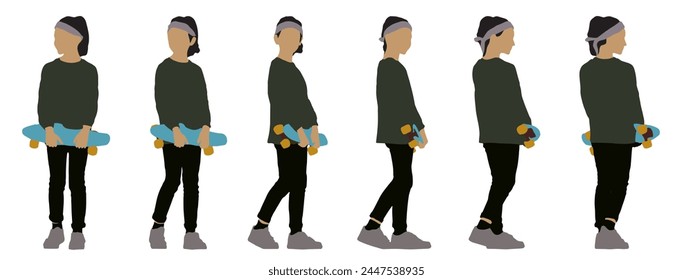 Vector concept conceptual silhouette of a girl holding a skateboard in hands  from different perspectives isolated on white background. A metaphor for fun, playing and childhood