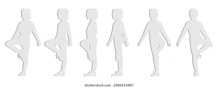 Vector concept conceptual silhouette of a little girl dancing from different perspectives isolated on white background. A metaphor for sport, practice, beauty,  grace and perseverance 