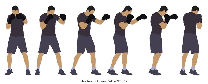 Concepto vectorial o silueta conceptual de un entrenamiento boxeador masculino desde diferentes perspectivas aislado en fondo blanco. Una metáfora para el deporte, el poder, la competencia, la perseverancia y el estilo de vida