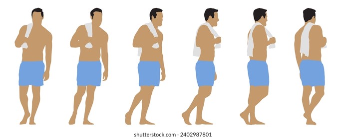 Vector concept conceptual silhouette of a man in  shorts with a towel standing from different perspectives isolated on white background. A metaphor for sport, fitness,  health and wellness, lifestyle