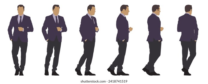 Vector concept conceptual silhouette of a man in an elegant costume from different perspectives isolated on white background. A metaphor for fashion, entertainment and lifestyle