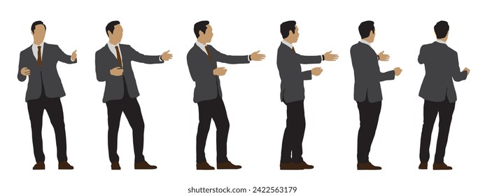 Vector concept conceptual silhouette of a man in a costume dancing  from different perspectives isolated on white background. A metaphor for expression, relaxation, leisure and lifestyle
