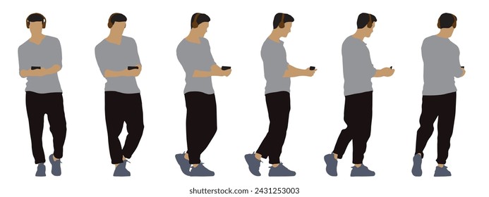Vector concept conceptual silhouette of a man with headphones listening to music from different perspectives isolated on white background. A metaphor for leisure,  relaxation and lifestyle