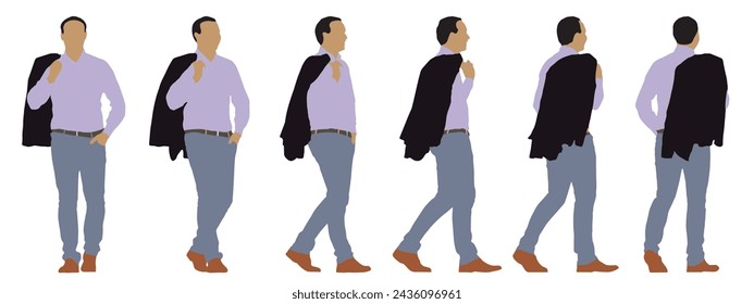 Vector Konzept konzeptuelle Silhouette eines Mannes mit einer Jacke über der Schulter aus verschiedenen Perspektiven isoliert auf weißem Hintergrund. Eine Metapher für Casual, Confidence, Business und Lifestyle