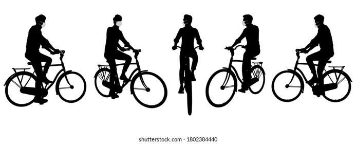 Vector concept conceptual  silhouette men on bicycle while social distancing as means of prevention and protection against coronavirus contamination. A metaphor for the new normal.
