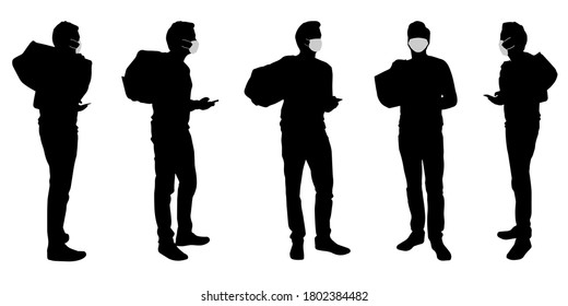 Concepto vectorial silueta conceptual de hombres que viajan mientras el distanciamiento social como medio de prevención y protección contra la contaminación por coronavirus. Una metáfora de la nueva normalidad.