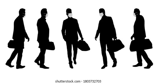 Vector concept conceptual  silhouette men travelling while social distancing as means of prevention and protection against coronavirus contamination. A metaphor for the new normal.