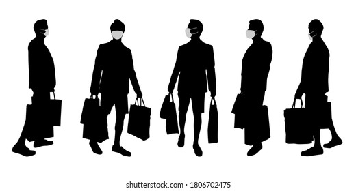 Vector concept conceptual  silhouette men shopping while social distancing as means of prevention and protection against coronavirus contamination. A metaphor for the new normal.