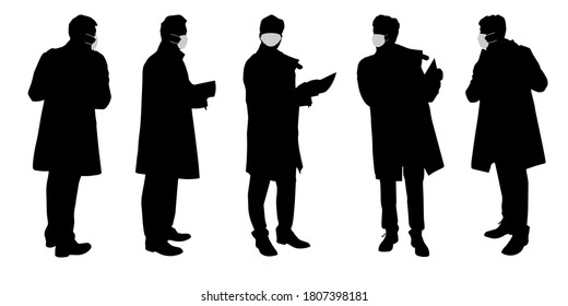 Vector concept conceptual  silhouette men working while social distancing as means of prevention and protection against coronavirus contamination. A metaphor for the new normal.