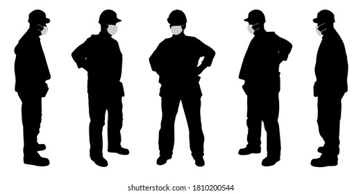 Vector concept conceptual  silhouette men working while social distancing as means of prevention and protection against coronavirus contamination. A metaphor for the new normal.