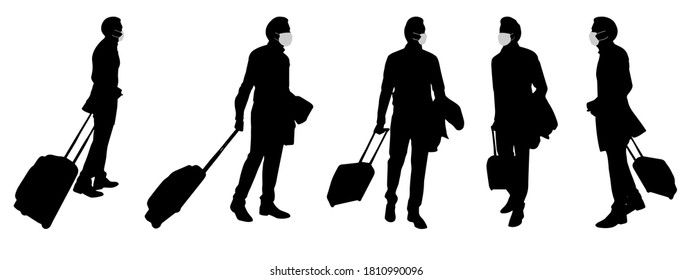 Vector concept conceptual  silhouette men travelling while social distancing as means of prevention and protection against coronavirus contamination. A metaphor for the new normal.