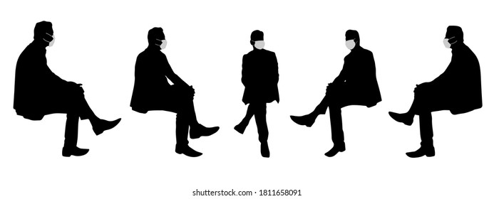 Vector concept conceptual  silhouette men talking while social distancing as means of prevention and protection against coronavirus contamination. A metaphor for the new normal.