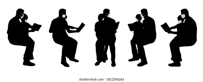 Vector concept conceptual  silhouette men spending time with children while social distancing as means of prevention and protection against coronavirus contamination. A metaphor for the new normal.