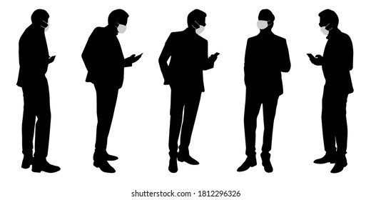 Vector concept conceptual  silhouette men working while social distancing as means of prevention and protection against coronavirus contamination. A metaphor for the new normal.