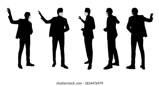 Vector concept conceptual  silhouette men talking while social distancing as means of prevention and protection against coronavirus contamination. A metaphor for the new normal.