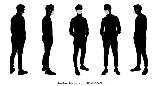 Vector concept conceptual  silhouette men talking while social distancing as means of prevention and protection against coronavirus contamination. A metaphor for the new normal.