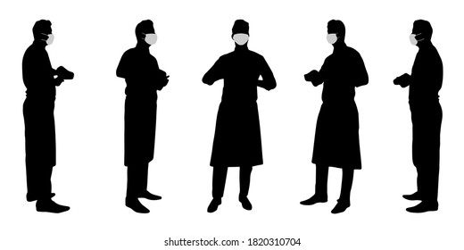 Vector concept conceptual  silhouette men working while social distancing as means of prevention and protection against coronavirus contamination. A metaphor for the new normal.