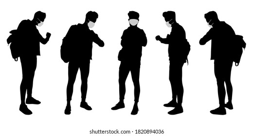 Vector concept conceptual  silhouette men talking while social distancing as means of prevention and protection against coronavirus contamination. A metaphor for the new normal.