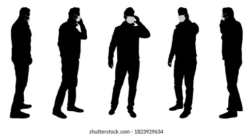 Vector concept conceptual  silhouette men talking while social distancing as means of prevention and protection against coronavirus contamination. A metaphor for the new normal.