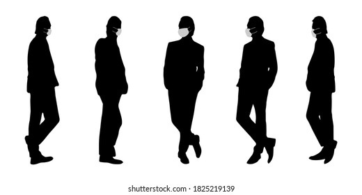 Vector concept conceptual  silhouette men talking while social distancing as means of prevention and protection against coronavirus contamination. A metaphor for the new normal.
