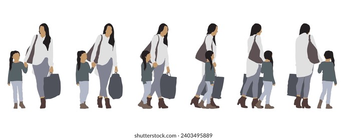 Vector concept conceptual silhouette of a mother and a little girl from different  perspectives isolated on white background. A metaphor for family, love, time together, leisure and shopping