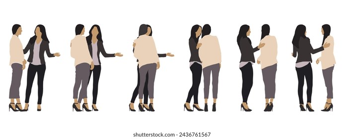 Vector concepto silueta conceptual de dos mujeres de pie y hablando desde diferentes perspectivas aisladas en blanco. Una metáfora de la comunicación y la amistad, la colaboración y los negocios