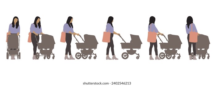 Silueta conceptual vectorial de una mujer empujando un coche de bebé desde diferentes perspectivas aisladas sobre fondo blanco. Una metáfora para la maternidad, la familia, el amor y el estilo de vida