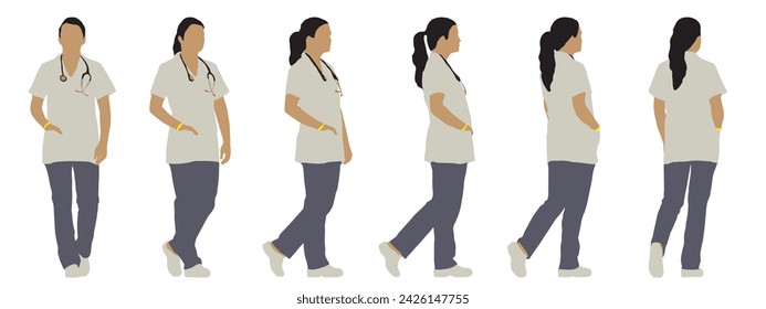 Vector concept conceptual silhouette of a woman in white scrubs with a stethoscope from different perspectives isolated on white background. A metaphor for healthcare, treatment and help 