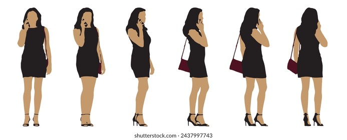 Vector concept conceptual silhouette of a woman elegantly dressed speaking on the phone  isolated on white background. A metaphor for beauty, charm, glamour and fashion, romance and lifestyle