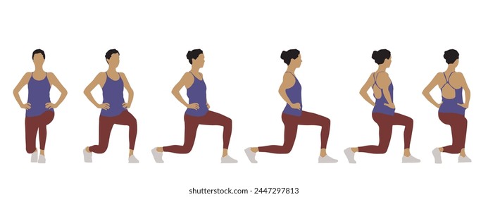 Vector concept conceptual silhouette of a woman doing fitness exercises from different perspectives isolated on white background. A metaphor for active, health, self-care, wellness and lifestyle