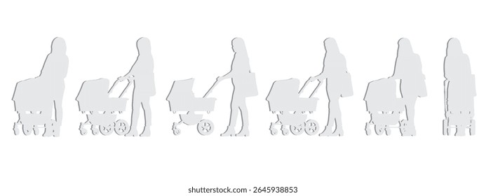 Vector concept conceptual silhouette of a woman pushing a baby stroller  from different perspectives isolated on white background. A metaphor for motherhood, family, love and lifestyle