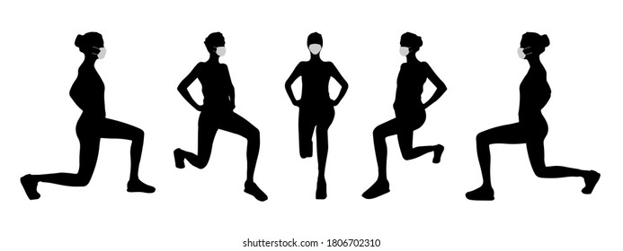 Vector concept conceptual  silhouette women doing sport while social distancing as means of prevention and protection against coronavirus contamination. A metaphor for the new normal.