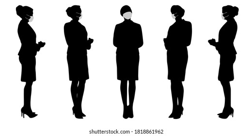 Vector concept conceptual  silhouette women working while social distancing as means of prevention and protection against coronavirus contamination. A metaphor for the new normal.