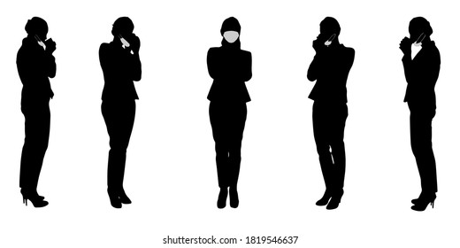 Vector concept conceptual  silhouette women working while social distancing as means of prevention and protection against coronavirus contamination. A metaphor for the new normal.