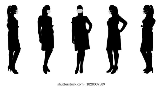 Vector concept conceptual  silhouette women taking while social distancing as means of prevention and protection against coronavirus contamination. A metaphor for the new normal.