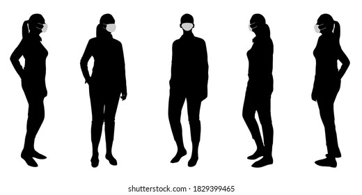 Vector concept conceptual  silhouette women taking while social distancing as means of prevention and protection against coronavirus contamination. A metaphor for the new normal.