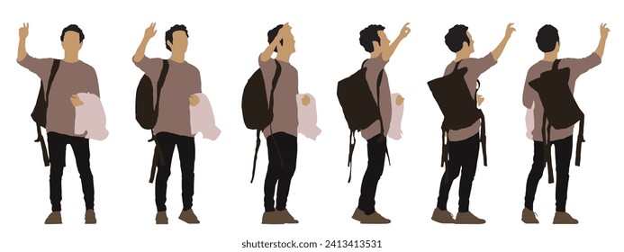 Vector concept conceptual  silhouette of a young man with a backpack standing from different perspectives isolated on white background. A metaphor for travel, adventure, relaxation and lifestyle