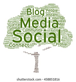 Vector concept conceptual social media marketing or communication abstract tree  word cloud isolated on background metaphor to networking, community, technology, advertising, global worldwide tagcloud