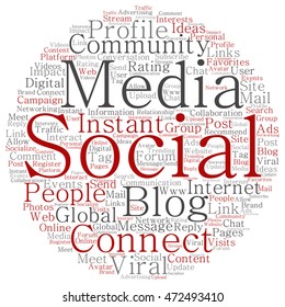 Konzeptuelles Social-Media-Marketing oder abstrakte Rundwort-Cloud einzeln auf Hintergrundmetapher für Netzwerke, Community, Technologie, Werbung, weltweite TagCloud