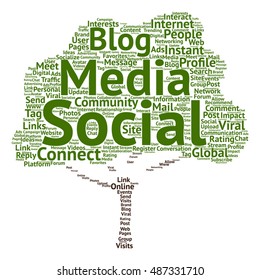 Vector concept conceptual social media marketing or communication abstract tree  word cloud isolated on background metaphor to networking, community, technology, advertising, global worldwide tagcloud