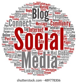Vector concept conceptual social media marketing communication abstract round word cloud isolated on background metaphor to networking, community, technology, advertising, global, worldwide tagcloud