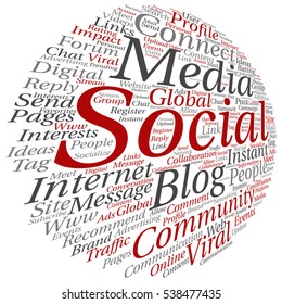 Concepto vectorial o marketing conceptual de medios sociales o nube de palabras abstractas de comunicación aislados en segundo plano, metáfora de redes, comunidad, tecnología, publicidad, global, tagcloud a nivel mundial