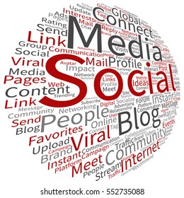 Vektor-Konzept oder konzeptionelles Social-Media-Marketing oder Kommunikation abstrakte Wortwolke einzeln auf Hintergrundmetapher für Netzwerke, Community, Technologie, Werbung, globale, weltweite TagCloud