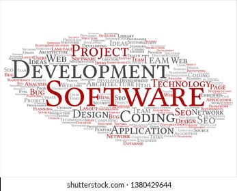 Vector concept or conceptual software development project coding technology abstract word cloud isolated background. Collage of application web design, seo ideas, implementation, testing upgrade text