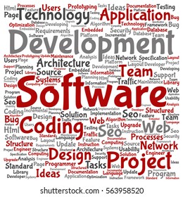 Vector concept or conceptual software development project coding technology square word cloud isolated on background metaphor to application web design, seo ideas, implementation, testing or upgrade
