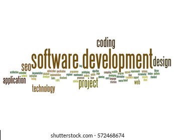 Vector concept or conceptual software development project coding technology abstract word cloud isolated on background metaphor to application web design, seo ideas, implementation, testing or upgrade