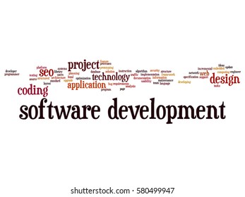 Vector concept or conceptual software development project coding technology abstract word cloud isolated on background metaphor to application, web design, seo, ideas, implementation, testing upgrade