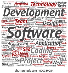Vector concept or conceptual software development project coding technology square word cloud isolated on background metaphor to application, web design, seo, ideas, implementation, testing or upgrade